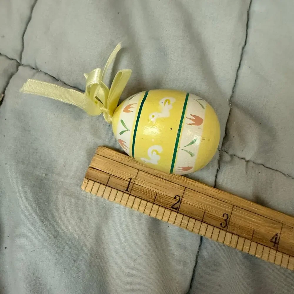 Vintage 80s Hand Decorated Wooden Easter Egg Ornament Yellow